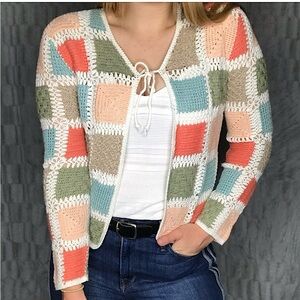 Vintage Granny Square Crochet Knit Cardigan